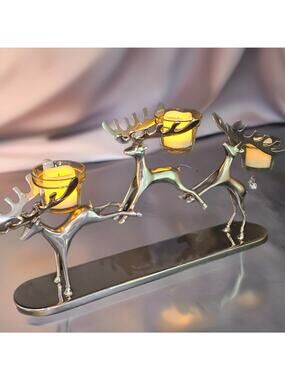 Three Silver Reindeer Candle Holder With Glass Votives